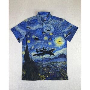 Retro Rifle Shirt Mens Medium Blue Starry Night Flight S/S Button Up Graphic